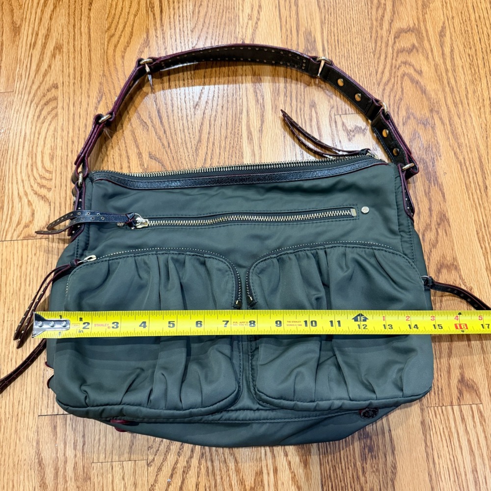 MZ Wallace Paige Olive Green Nylon Shoulder Bag Leather Trim Studded Strap - Picture 10 of 16